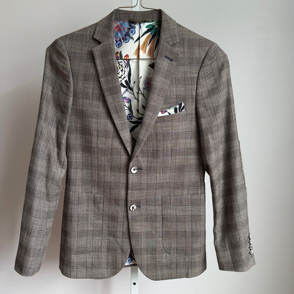 Paisley & Gray sz 36R Taupe‎ wool Plaid Blazer Floral Lining Modern Fit - Picture 1 of 10